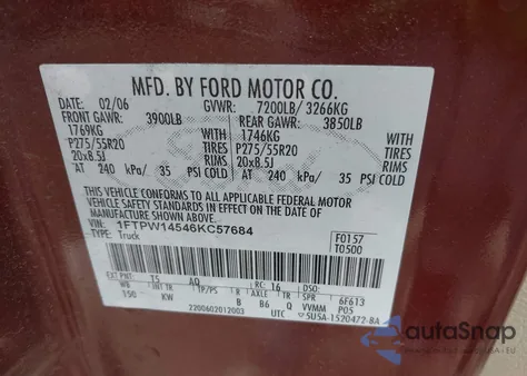 2006 Ford F-150 Fx4/Lariat/Xlt из США, поврежденный, VIN 1FTPW14546KC57684